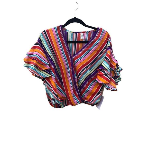 Women's NWT Truth NYC Multi Color Ruffle  Sleeves Faux Wrap Top Size Medium - Picture 1 of 5